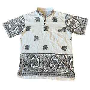 Vintage Elephant Print 100% Cotton Shirt Asian Large Made In Thailand Boho Style